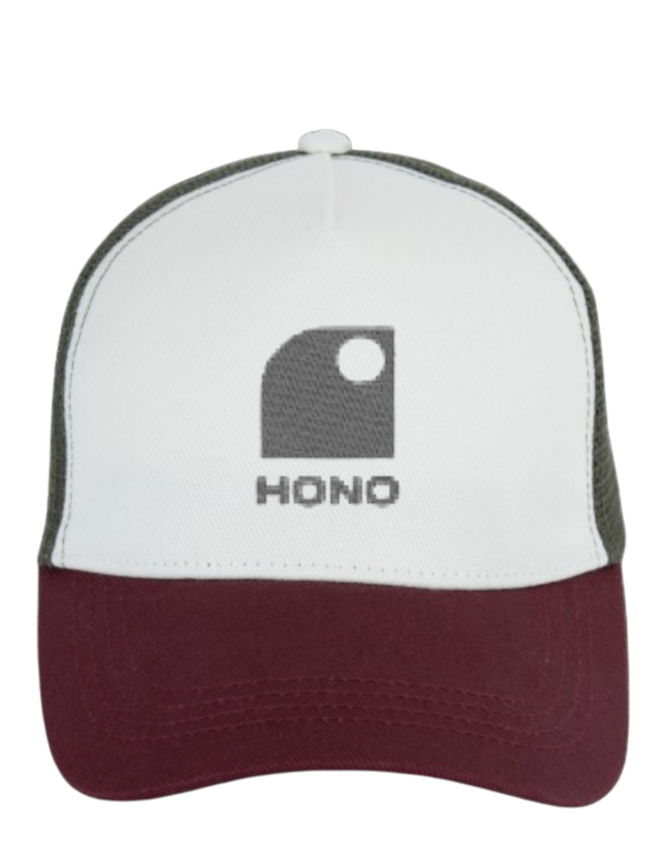 Casquette trucker eco responsable 5 panneaux HONO brodée Kaki, blanc,bordeaux coton organic, polyester recyclé