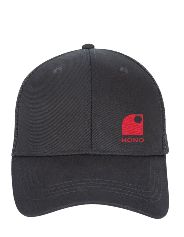 Casquette noire trucker HONO eco responsable 5 panneaux HONO brodée corail, coton organic, polyester recyclé