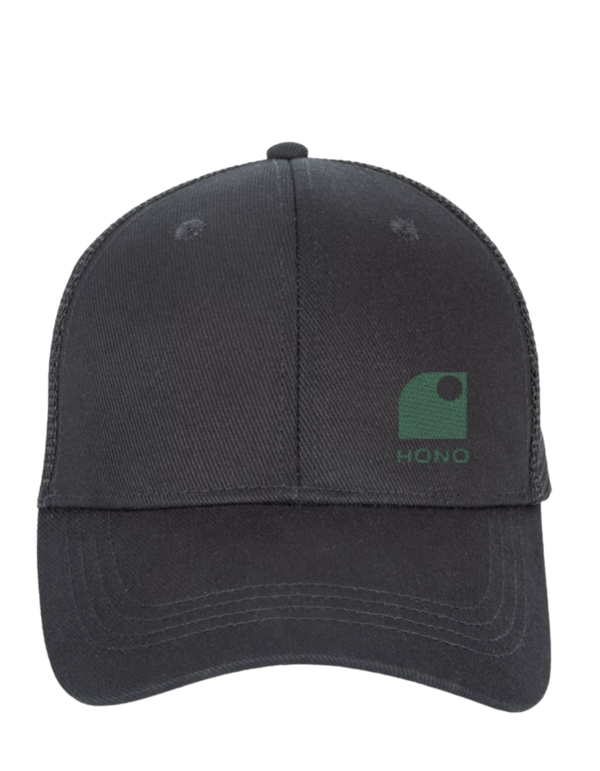 Casquette noire trucker HONO eco responsable 5 panneaux HONO brodée kaki, coton organic, polyester recyclé