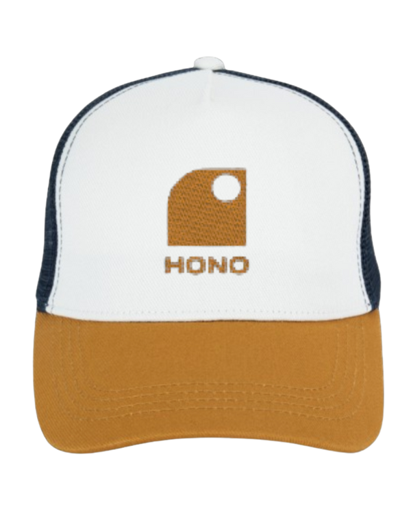 Casquette trucker HONO eco responsable 5 panneaux HONO brodée beige ,blanc,bleu,beige, coton organic, polyester recyclé