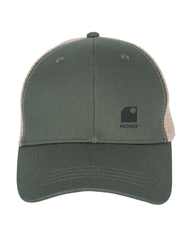 Casquette trucker kaki et beige HONO eco responsable 5 panneaux HONO brodée kaki, coton organic, polyester recyclé