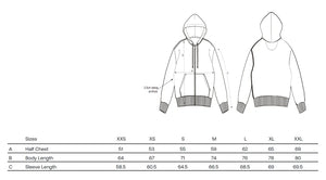 Guide des tailles hoodie zippé à capuche bio HONO