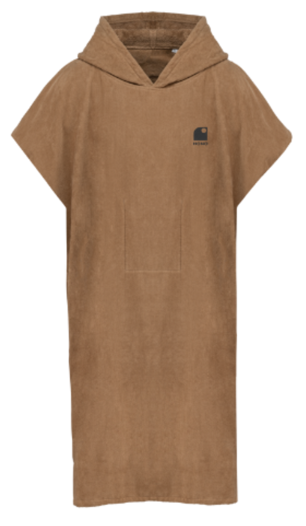 Poncho beige unisexe en coton biologique, doux et absorbant, idéal pour le surfwear et la plage, produit éco-responsable disponible dans notre surfshop en France