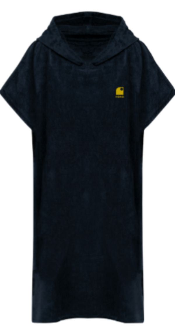 Poncho noir unisexe en coton biologique, doux et absorbant, idéal pour le surfwear et la plage, produit éco-responsable disponible dans notre surfshop en France.