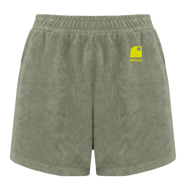 Short éponge fille kaki logo HONO brodé turquoise