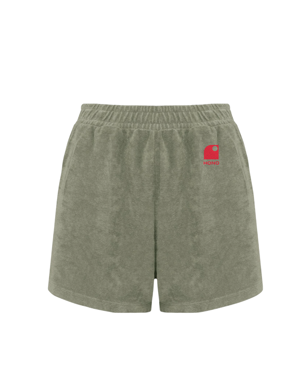 Short éponge fille kaki logo HONO brodé corail