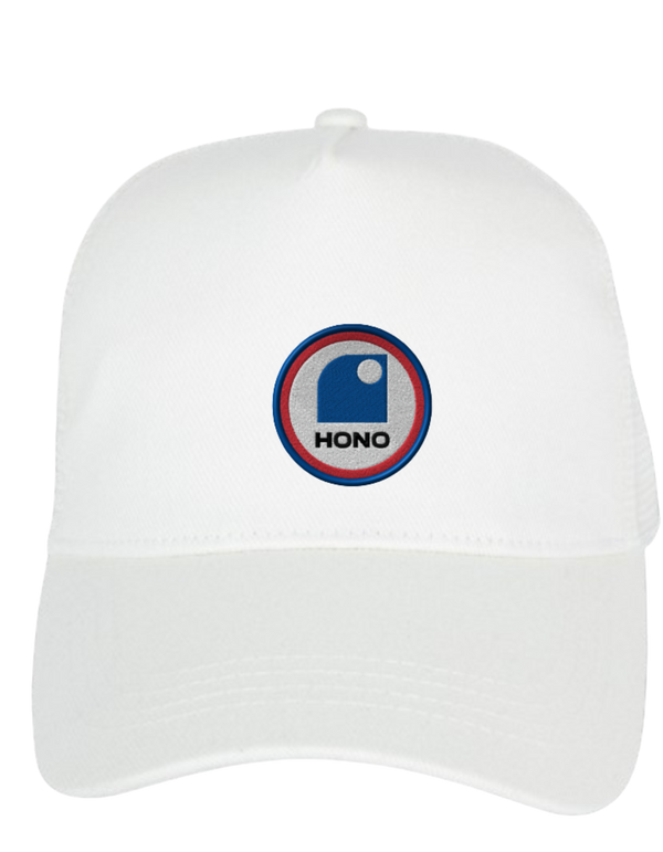 casquette trucker HONO éco responsable blanche, logo HONO brodé