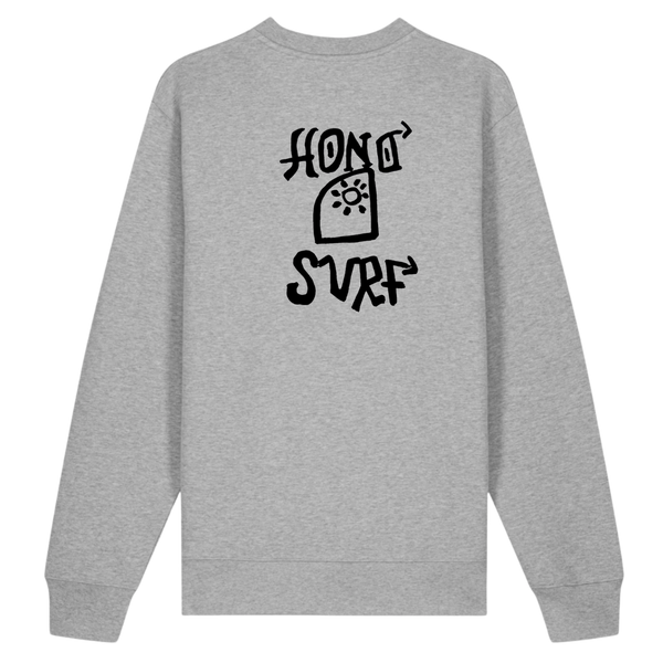 Sweat TIKI HONO surfwear durable gris vue dos avec visuel HONO SURF noir