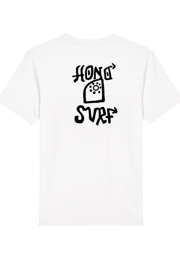 T-shirt blanc HONO Surf avec logo Tiki graphique au dos – collection Tiki esprit surf version urbaine