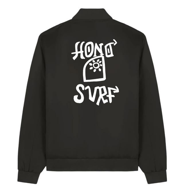 Dos de la veste bomber noir durable Surf HONO Signature TIKI avec visuel exclusif graphique blanc