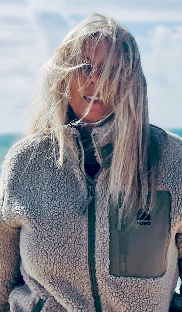 vestepolaire sherpa éco surfwear femme surfwear éco marque éco française HONO collection hiver vêtement chaud