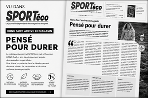 HONO Surf dans SPORTéco : article sur le développement de la marque, son réseau de revendeurs et son surfwear écoresponsable fabriqué à partir de matières naturelles et recyclées.