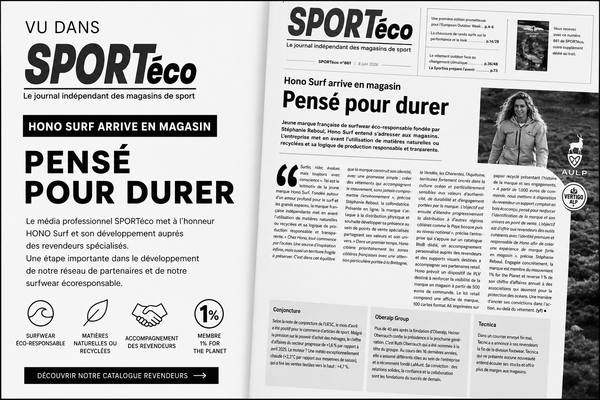 HONO Surf dans SPORTéco : article sur le développement de la marque, son réseau de revendeurs et son surfwear écoresponsable fabriqué à partir de matières naturelles et recyclées.