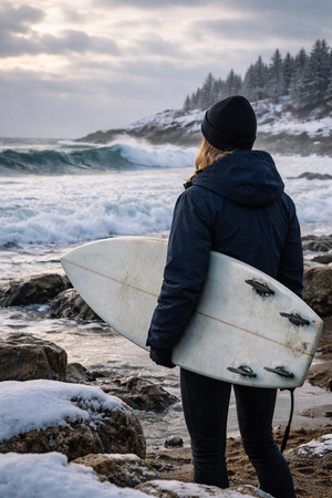 surfeuse qui regarde les vagues l hiver avant une session