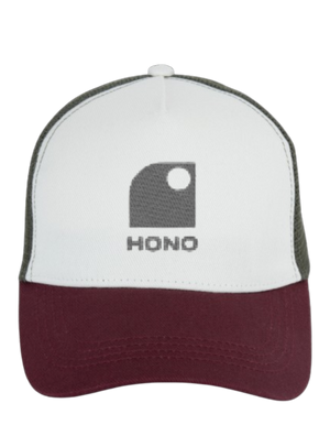 Casquette trucker  eco responsable 5 panneaux HONO  brodée Kaki, blanc,bordeaux coton organic, polyester recyclé
