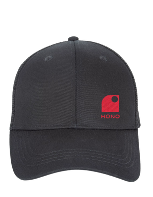 Casquette  noire trucker HONO eco responsable 5 panneaux HONO  brodée corail, coton organic, polyester recyclé