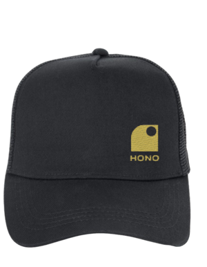 Casquette  noire trucker HONO eco responsable 5 panneaux HONO  brodée jaune, coton organic, polyester recyclé