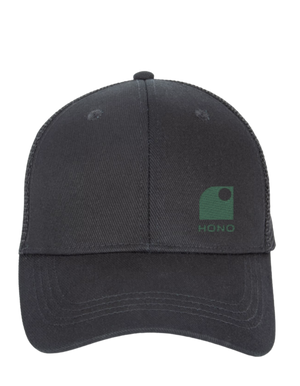 Casquette  noire trucker HONO eco responsable 5 panneaux HONO  brodée kaki, coton organic, polyester recyclé