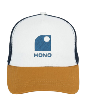 Casquette trucker  eco responsable 5 panneaux HONO  brodée bleu ,blanc,bleu,beige, coton organic, polyester recyclé