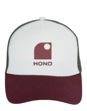 Casquette trucker  eco responsable 5 panneaux HONO  brodée bordeau,blanc,bordeaux coton organic, polyester recyclé