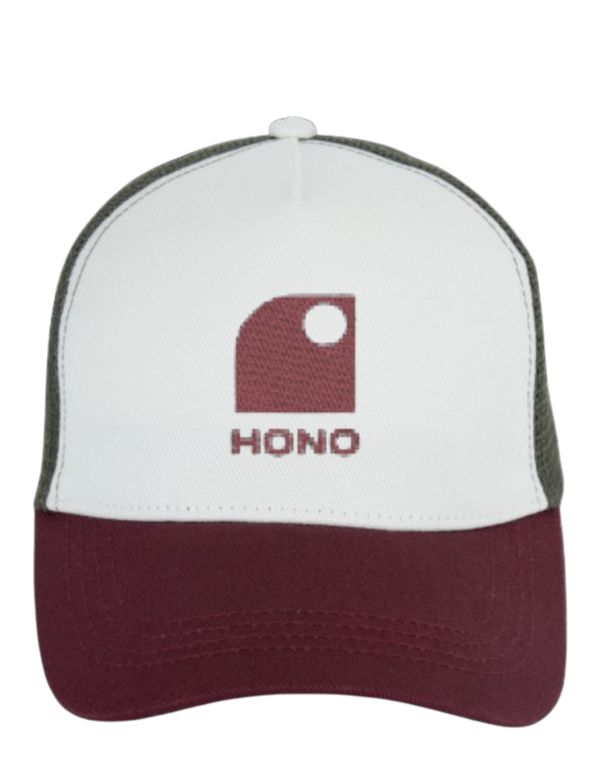 Casquette trucker  eco responsable 5 panneaux HONO  brodée bordeau,blanc,bordeaux coton organic, polyester recyclé