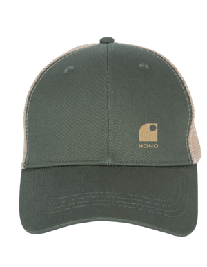 Casquette trucker  kaki et beige HONO eco responsable 5 panneaux HONO  brodée beige , coton organic, polyester recyclé