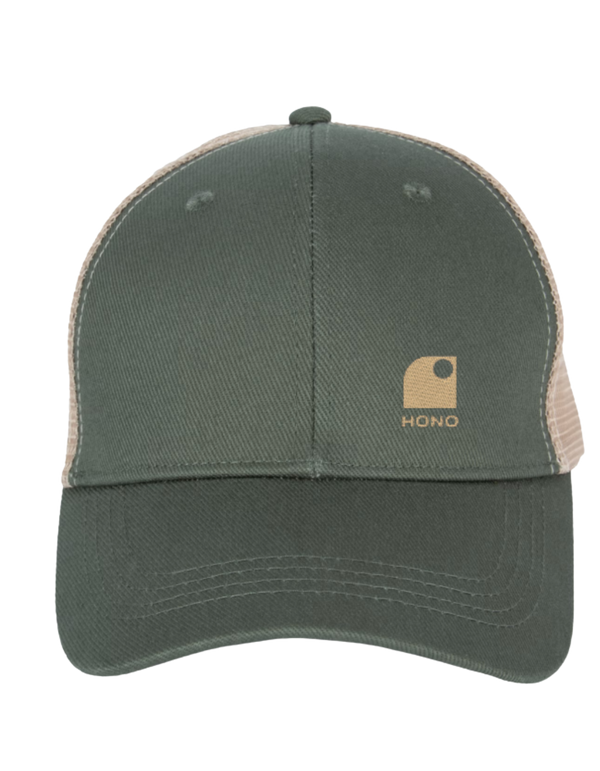 Casquette trucker  kaki et beige HONO eco responsable 5 panneaux HONO  brodée beige , coton organic, polyester recyclé