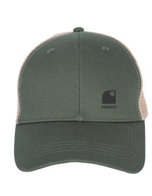 Casquette trucker  kaki et beige HONO eco responsable 5 panneaux HONO  brodée kaki, coton organic, polyester recyclé
