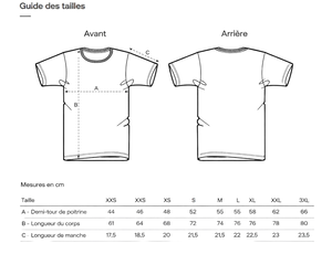 Guide des tailles t-shirt surf HONO en coton bio avec tableau des mesures XXS à 3XL et schéma explicatif