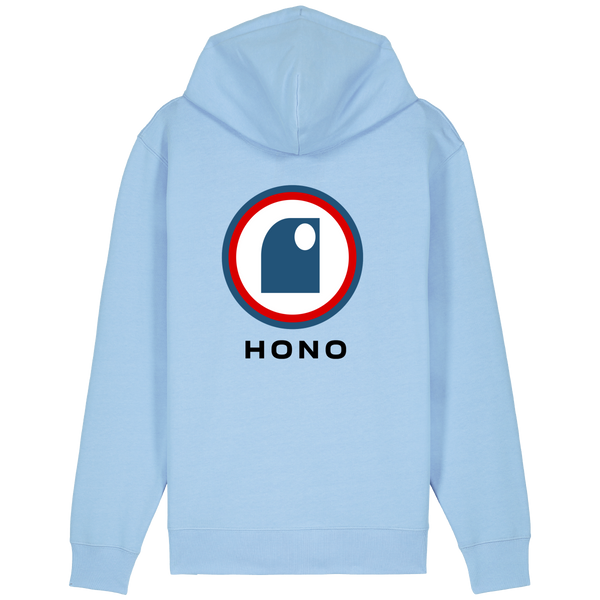 HONO Surfwear, HONO surfwear france, HONO SURFWEAR bio, HONO surfwear homme, HONO surfwear femme, HONO surfwear eco, HONO surfwear eco-reponsable, HONO surfwear coton organic,Hoodie surfwear France HONO, surfwear eco, surfwear vegan. Vêtements hommes et vêtements femmes bio français, hoodie zippé gros logo dos.