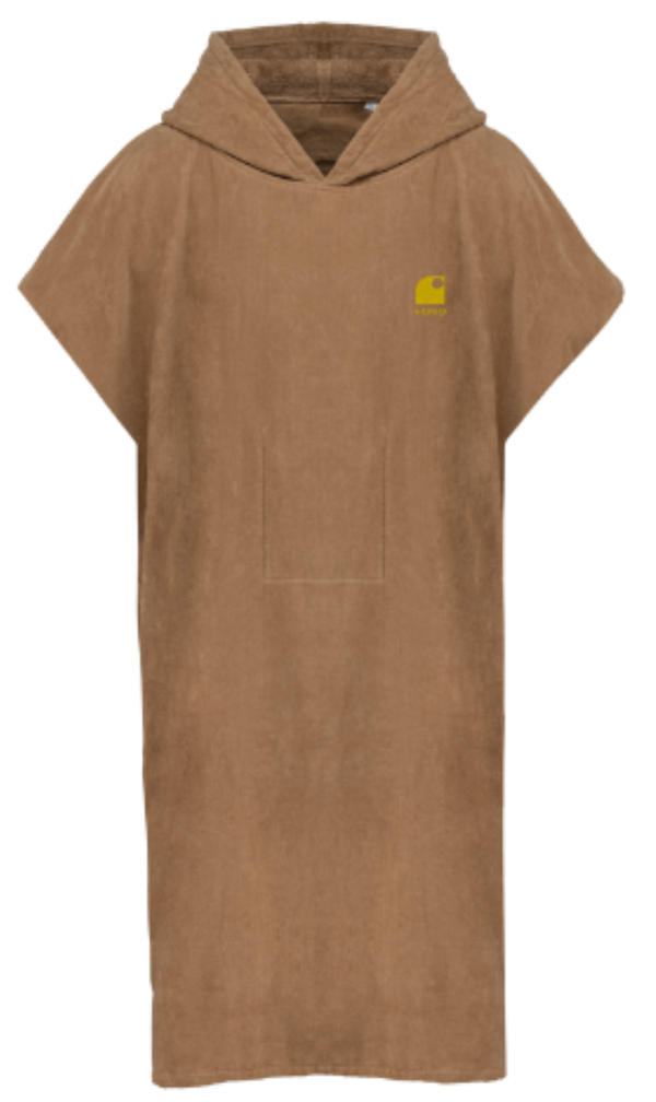 Poncho beige unisexe en coton biologique, doux et absorbant, idéal pour le surfwear et la plage, produit éco-responsable disponible dans notre surfshop en France