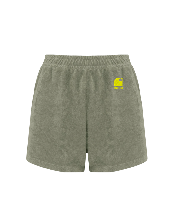 Short éponge fille kaki logo HONO brodé turquoise