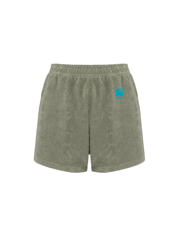 Short éponge fille kaki logo HONO brodé turquoise