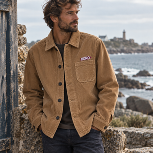 Surchemise HONO en velours côtelé  bio camel  brodée bordeuax portée par un homme face à la mer, dans une ambiance naturelle et authentique du Finistère.