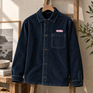 Surchemise navy en velours bio  brodée HONO surfwear français posée sur une échelle