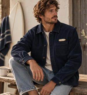 Surchemise navy en velours bio  brodée HONO mode surf durable