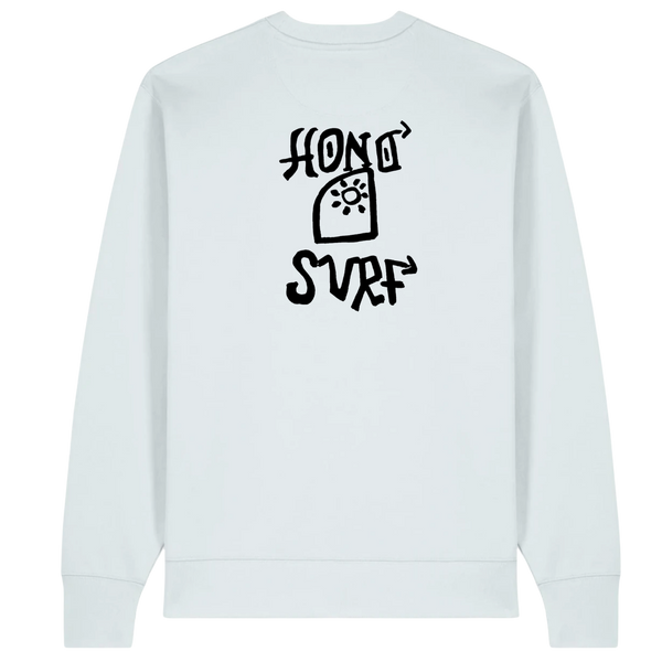 Sweat TIKI HONO surfwear durable bleu clair vue dos avec visuel HONO SURF noir