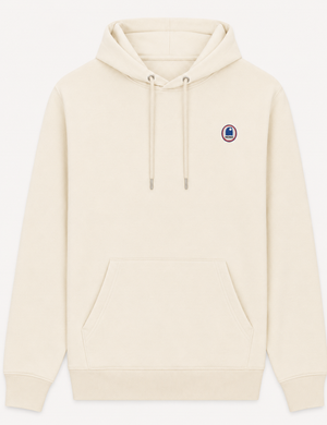 Sweat à capuche surf HONO en coton bio écru avec logo poitrine, sweat surf éco-responsable premium de style surfwear français.
