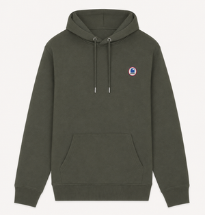 Sweat à capuche surf HONO en coton bio kaki avec logo poitrine, sweat surf éco-responsable premium de style surfwear français.