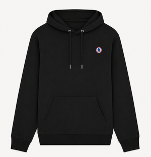 Sweat à capuche surf HONO en coton bio noir avec logo poitrine, sweat surf éco-responsable premium de style surfwear français.