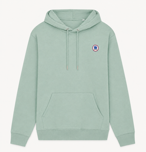 Sweat à capuche surf HONO en coton bio vert d'eau avec logo poitrine, sweat surf éco-responsable premium de style surfwear français.