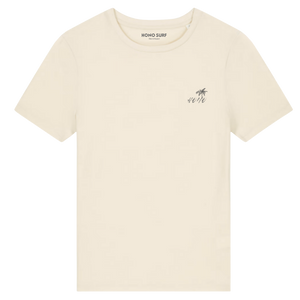 T-shirt femme beige naturel HONO SURF en coton bio, coupe ajustée, avec logo palmier minimaliste style surfwear