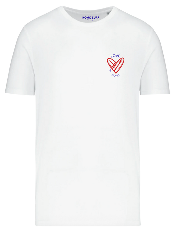 T-shirt bio blanc HONO Love, mode éthique et responsable, coupe unisexe