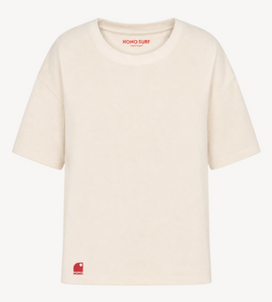 T-shirt surf éponge femme blanc cassé HONO Surf avec logo brodé, en coton bio, marque de surf française éco-responsable