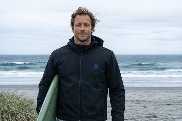 Homme portant veste softshell hiver HONO noire  recyclée au bord de mer avec planche de surf