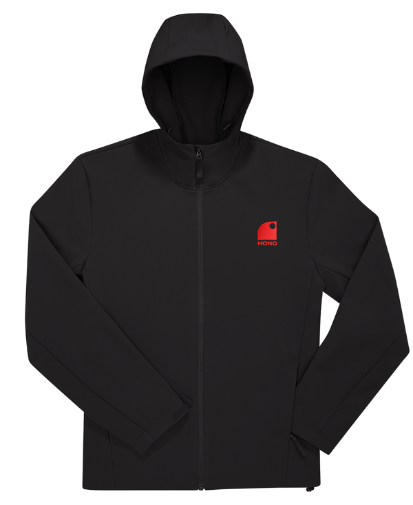 Veste softshell hiver HONO noire recyclée 3 couches avec logo brodé corail