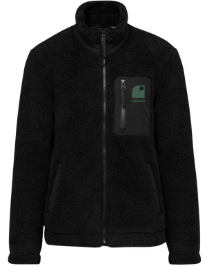 Veste en sherpa éco-responsable couleur sable avec logo HONO – Surfwear durable en polyester recyclé, disponible sur honosurf.com.