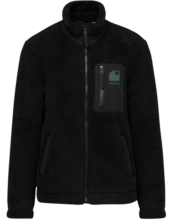 Veste en sherpa éco-responsable couleur sable avec logo HONO – Surfwear durable en polyester recyclé, disponible sur honosurf.com.