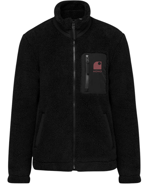 Veste en sherpa éco-responsable couleur sable avec logo HONO – Surfwear durable en polyester recyclé, disponible sur le surfshop honosurf.com.