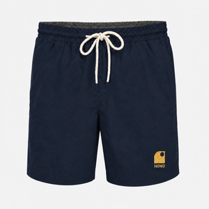 Boardshort surf homme HONO bleu marine en matière recyclée avec logo brodé jaune